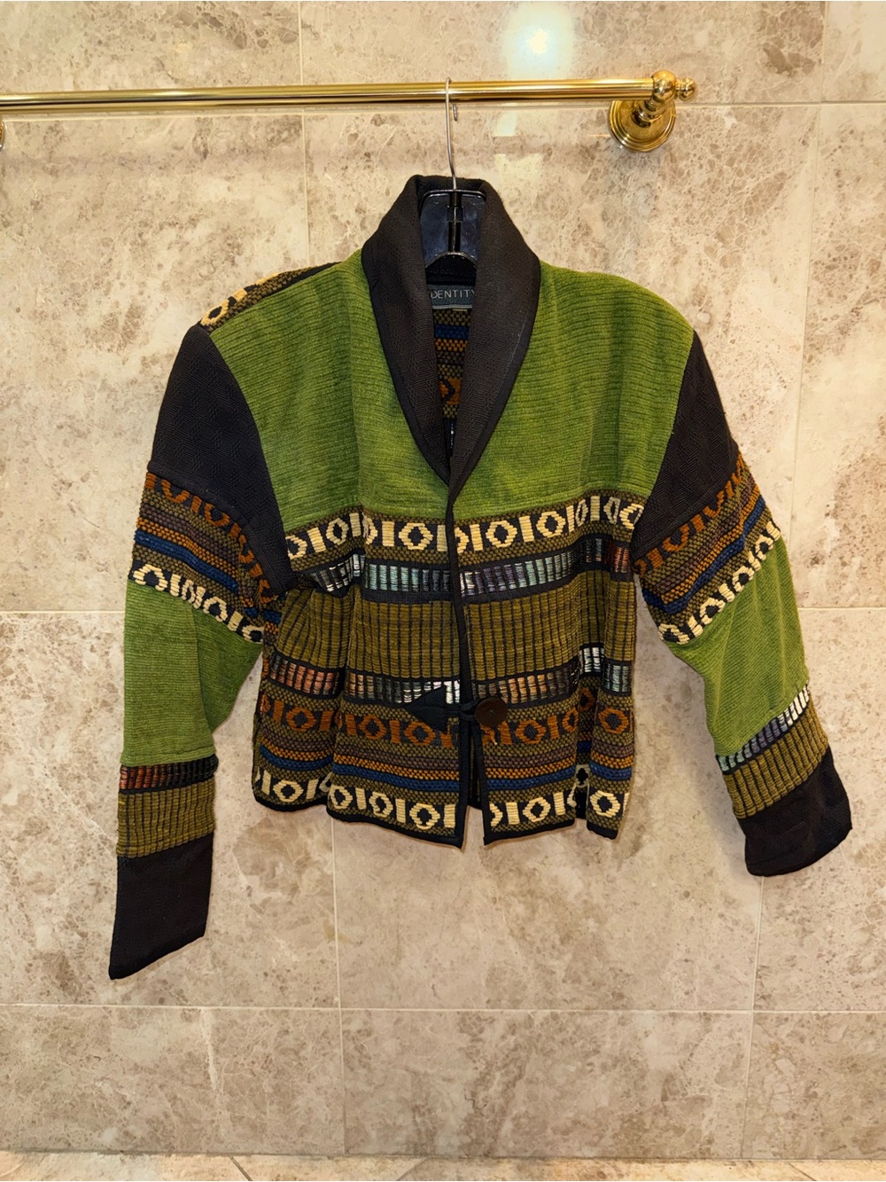 Textured Green Patterned Shawl-Collar Cardigan